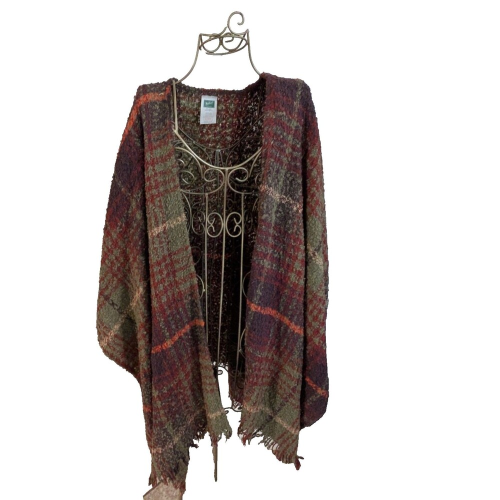 Woolrich Green Label Collection Plaid Poncho Wrap Shawl Fringe One Size Boucle F